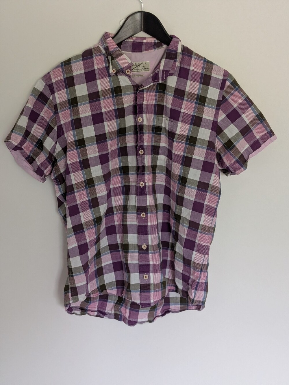 Lipson Made in Canada Plaid Short Sleeve Button Down Top - Women's L